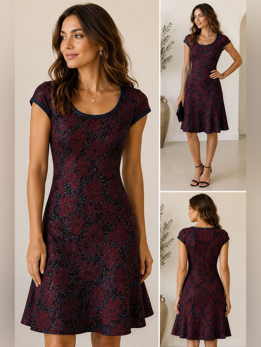St. John Size 2 Burgundy Floral Sparkle Knit Fit & Flare Cocktail Dress
